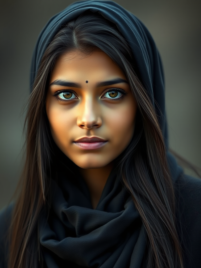 Create a portrait of a young Indian woman with long, dark hair and captivating hazel eyes. She is wearing a black headscarf and a matching scarf draped gracefully around her neck. The background is softly blurred, focusing attention on her serene and natural expression. The overall color palette is muted and warm, enhancing the intimate and authentic feel of the portrait.
