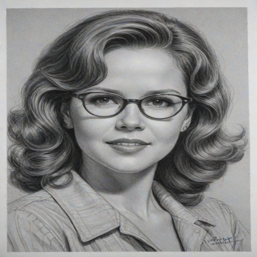 Splendid Linda Blair, pencil sketch, portrait of Fascinating woman 1940s in glasses, hair style beatnik, outline, clear lines, fine lines, 8k
