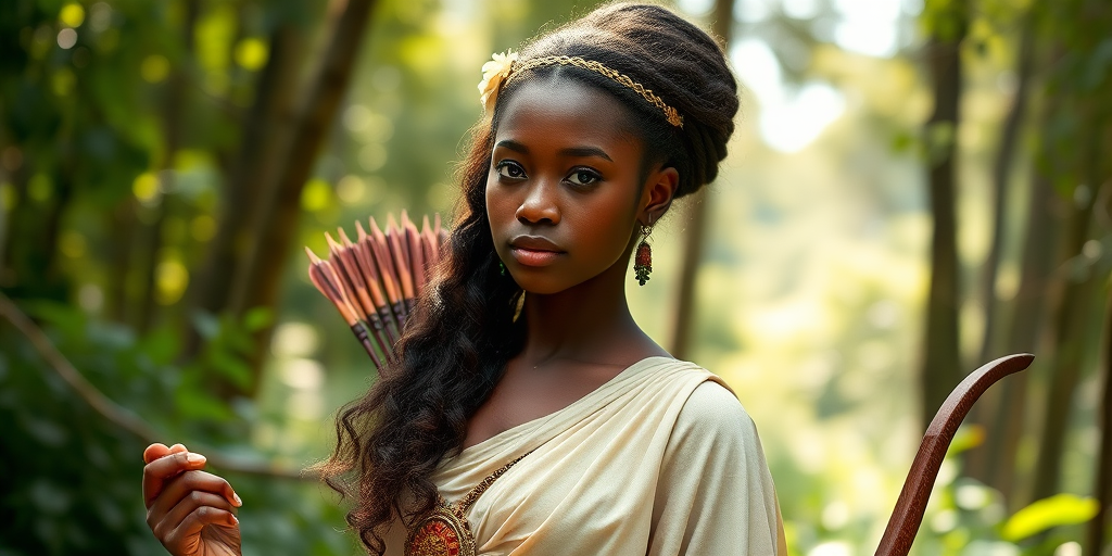 Create a portrait of a goddess-like Kikuyu girl figure in a tranquil, forested environment. She has an elegant appearance with long, wavy hair styled in an updo and adorned with a delicate, floral headband. She wears a flowing, ancient Greek-inspired gown in a soft, pale color, featuring a one-shoulder design and draped fabric that accentuates her graceful form. The outfit includes a decorative belt with ornate gold detailing, and she holds a bow in her hand, with a quiver of arrows slung over her shoulder. The background depicts lush greenery, with sunlight filtering through the trees, casting a gentle, ethereal light on the scene. Her expression is calm and contemplative, embodying a sense of wisdom and serenity.