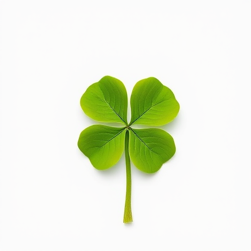 Create a high-resolution image of a vibrant green four-leaf clover isolated on a white background, using a Canon EOS R5 camera, with a 50mm lens, aperture set to f/2.8, and natural soft lighting to enhance color saturation and detail.