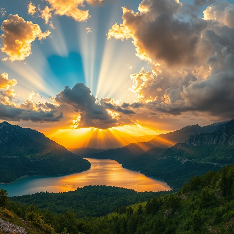 landscape of mountains and lake at sunset with dramatic cloud formations, golden rays of sunlight breaking through clouds, shot with a Canon EOS R5, 24mm lens, aperture f/8, ISO 100, HDR style, panoramic view
