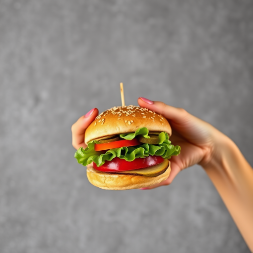 A vibrant red apple and a sesame-seed burger with lettuce, tomato, and pickles held in two hands against a textured gray background, shot with a Canon EOS R5, 50mm lens, f/1.8 aperture, ISO 100, natural light, shallow depth of field, top-down view.
