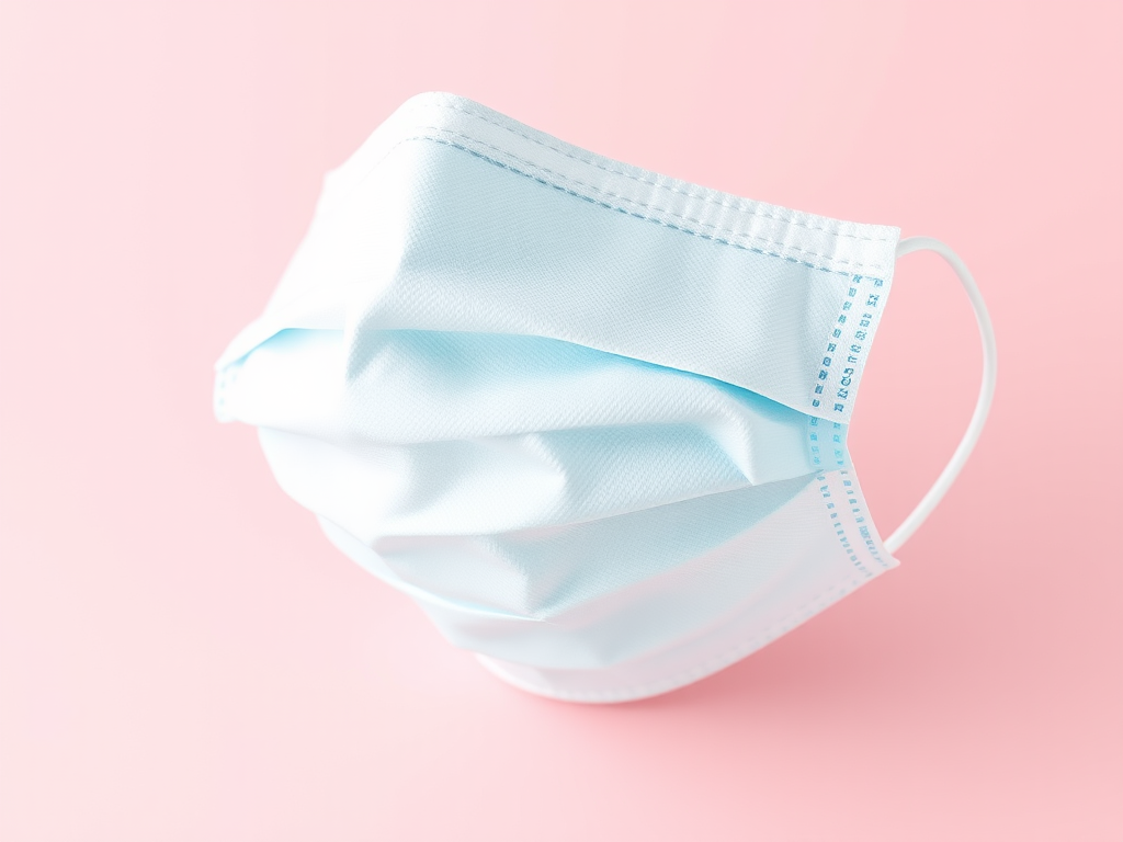 create a high-resolution vector illustration of a surgical mask on a light pink background, focus on details of the mask texture and layers, use a soft focus lens, employ a shallow depth of field, set aperture to f/4, ISO 100, and a 35mm lens.