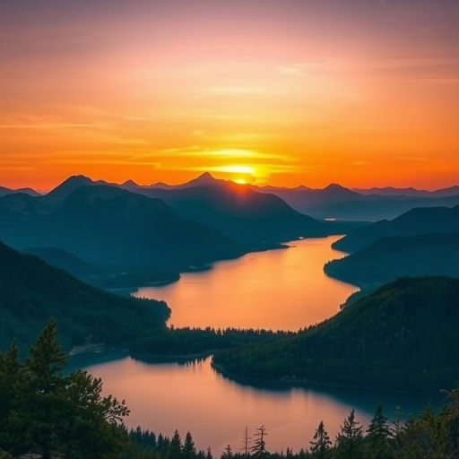 Generate a high-resolution image of a serene landscape featuring a sunset over a tranquil lake surrounded by mountains, using a DSLR camera with a 50mm lens, f/1.8 aperture, ISO 100, and a wide-angle view to enhance depth and clarity.