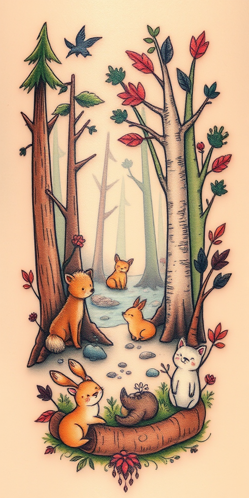 Illustrative tattoo "Whimsical Wanderer" depicting a charming forest scene with woodland creatures and fantastical elements in a storybook-inspired style with soft, earthy color palette