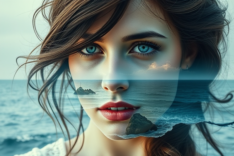 imagine Book cover, A surreal double exposure portrait that blends a woman's face with a beautiful seascape. The overall mood is dreamy and mystical, with rich colors and intricate details
