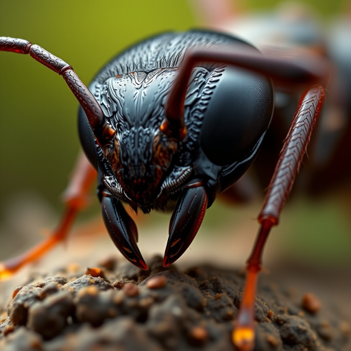 Create a highly detailed digital illustration of a realistic ant, macro view, using a DSLR camera at f/2.8 aperture, 100mm lens, with soft natural lighting to enhance texture and color depth.