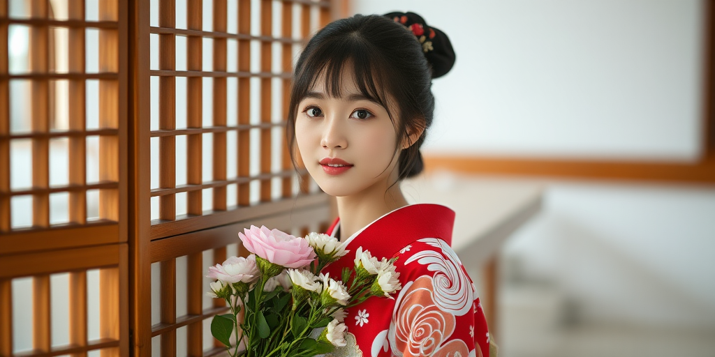 Portrait of a young woman in traditional Japanese attire, holding flowers near a wooden screen, soft natural light, shallow depth of field, 85mm lens, aperture f/1.8, ISO 100, shot with a DSLR camera in a serene indoor setting.