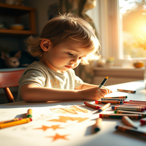 Warm, intimate image of a child drawing at a kitchen table, crayons scattered across the surface, sunlight streaming through the window, the smell of freshly baked cookies in the air, and a sense of creativity and play.