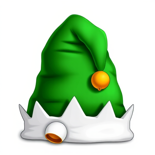 Create a high-resolution illustration of a festive green elf hat with a white brim and a golden bell, using a DSLR camera at f/2.8, ISO 100, 50mm lens, with a shallow depth of field and a vibrant color scheme.