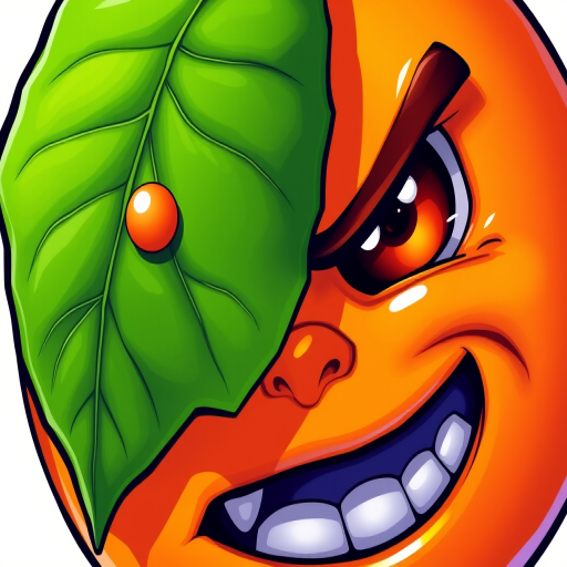 create a detailed illustration of an angry orange emoji with a green leaf on top, high-resolution, 50mm lens, f/2.8 aperture, natural lighting, shot from a slightly angled front view, digital art style