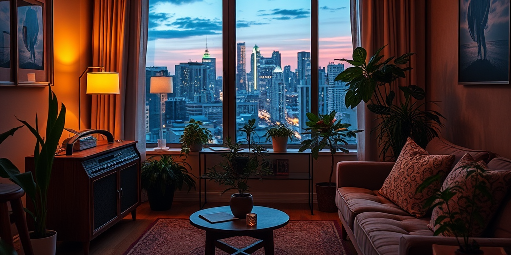 A cozy living room with plants, a vintage stereo, and a large window displaying a city skyline at twilight, with warm lighting and soft textures, shot with a Canon EOS R5 at f/1.8, ISO 200, 24mm focal length, using a low-angle view with a warm color palette for enhanced mood.