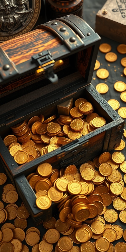 Create an image of a treasure chest overflowing with gold coins, captured from a slightly angled top-down view, using a DSLR camera with a 50mm lens, f/2.8 aperture, ISO 100, and natural lighting to enhance details and shadows.