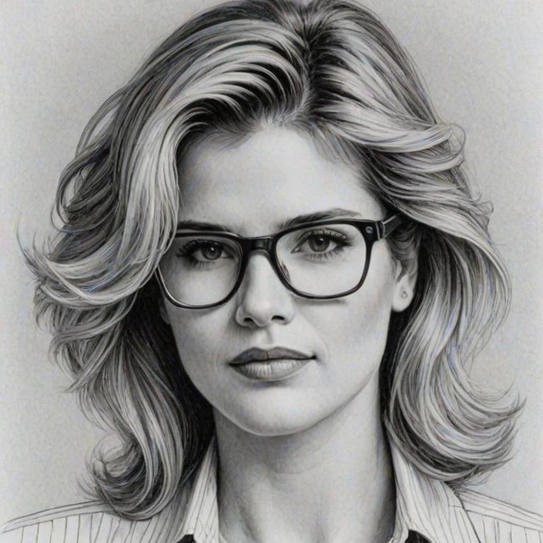 Magnificent Kristy Swanson, pencil sketch, portrait of Sublime woman 1980s in glasses, hair style beatnik, outline, clear lines, fine lines, 8k