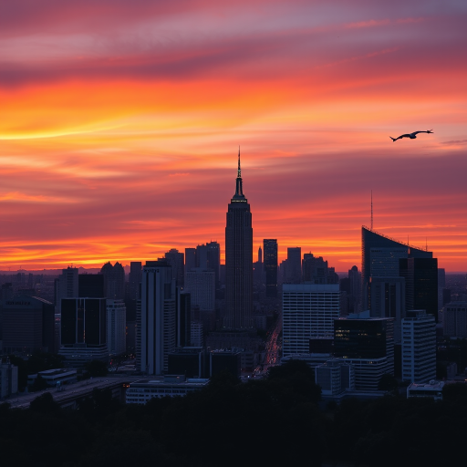 Generate a high-resolution image of a vibrant city skyline at sunset with deep orange and purple hues, captured using a Canon EOS R5 with a 24-70mm f/2.8 lens, ISO 100, aperture f/8, and a shutter speed of 1/200s in a wide-angle view to enhance depth and detail.