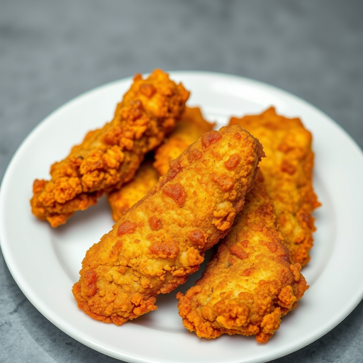 photograph of crispy fried chicken strips on a plain white plate, taken with a Canon EOS 5D Mark IV, 50mm lens, f/2.8 aperture, ISO 100, 1/200s shutter speed, natural light, shallow depth of field, vibrant colors