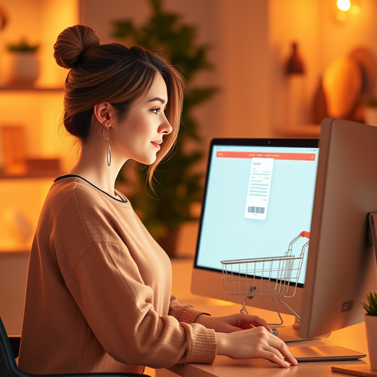 Create an illustration of a woman shopping online at a computer, with shopping cart and receipt icons appearing on the screen, shot in a well-lit studio using a Canon EOS R5, 50mm lens, f/1.8 aperture, ISO 100, capturing a warm and inviting atmosphere.