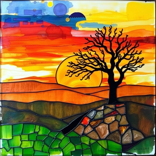 A vibrant abstract painting on Tiffany Glass, blending acrylic and alcohol ink techniques, captures a dramatic sunset over rolling hills. The artwork features a textured, rocky foreground in green and brown, layered abstract hills, and a striking sunset in rich oranges, yellows, and reds. A solitary black tree with intricate branches contrasts against the fiery sky, creating a dynamic and expressive portrayal of a breathtaking natural scene.