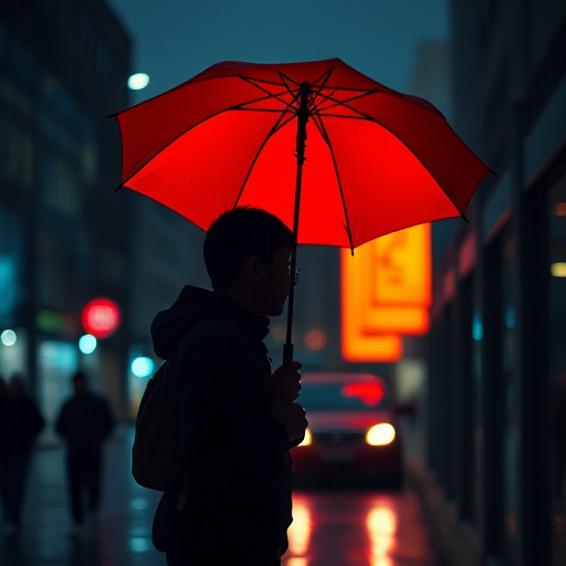 A silhouette of two people under a bright red umbrella in the rain, focus on contrasting colors, shot with a Canon EOS R5, aperture f/2.8, shutter speed 1/125 sec, ISO 100, 35mm lens, from a low angle to emphasize the umbrella, vibrant and dramatic lighting for mood enhancement.