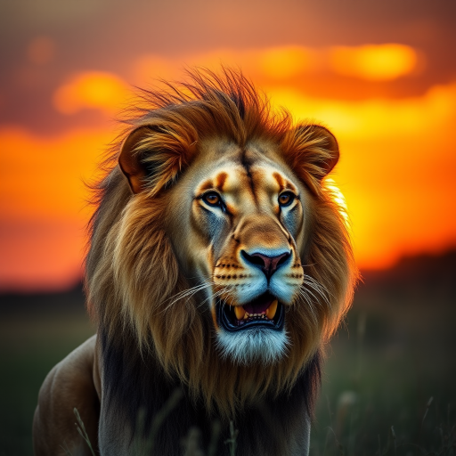 Create an image of a majestic lion with a vibrant sunset background, using a Canon EOS R5, 85mm lens, f/1.8 aperture, ISO 200, and a shallow depth of field to enhance details and colors.