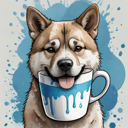 A quirky, artistic illustration of a disheveled akita pit dog breed with exaggerated, large eyes and spiky fur, holding a coffee mug that reads "Good Morning". The dog has a tired but humorous expression, with ink splatters and abstract details surrounding it, giving a whimsical feel to the image. The color palette is mostly monochrome with hints of blue in the eyes and steam rising from the mug, enhancing the overall sleepy vibe