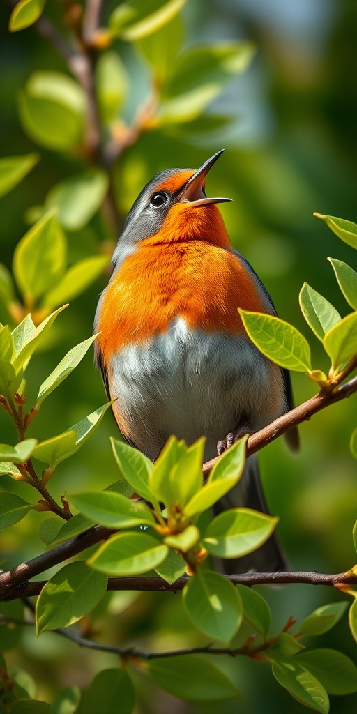A close-up photograph of a singing robin perched on a branch surrounded by vibrant green leaves, shot with a Canon EOS 5D Mark IV at f/8, ISO 400, 1/200s, in natural light for enhanced detail and color saturation.
