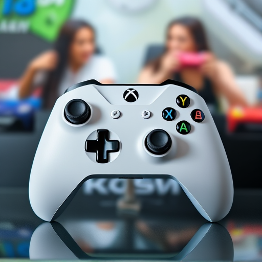 Regenerate an image of a white Xbox controller with a minimalistic design, set against a blurred gaming background, using a DSLR camera at f/2.8 aperture, 50mm lens, ISO 100, 1/200 shutter speed, in natural light for enhanced detail and clarity.