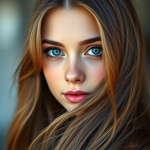 portrait of a young woman with long flowing hair and striking blue eyes, soft focus background, natural light, 85mm lens, f/1.8 aperture, ISO 100, shallow depth of field, high resolution, DSLR camera, vibrant colors and fine details