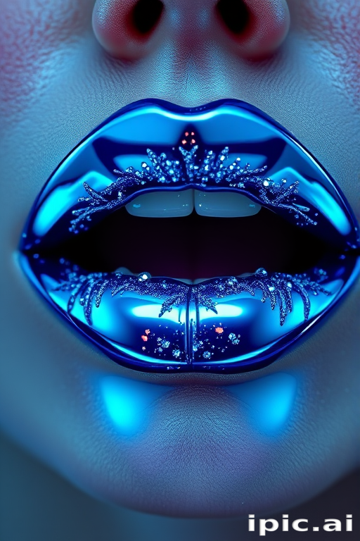 Electric blue chrome lips in "Galactic Frost" style, boasting a mirror-like shine and holographic sparkles, creating an otherworldly and futuristic aesthetic