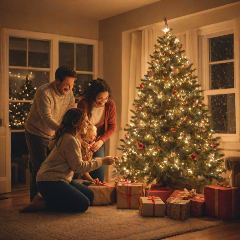 Warmly lit image of a family decorating a Christmas tree, soft glow from the string lights casting a warm hue on the room, laughter and conversation filling the air, presents scattered around the tree, a soft snowfall visible outside the window.