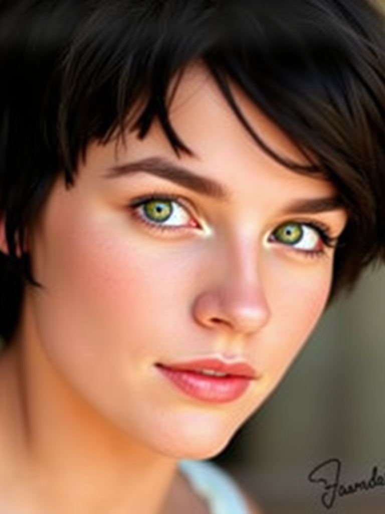 Generate a portrait of a young woman with short dark hair and striking green eyes, using a soft focus lens with a high aperture setting of f/1.8, captured in natural light to enhance colors, employing a DSLR camera at a 50mm focal length for depth of field and detail in a watercolor style.