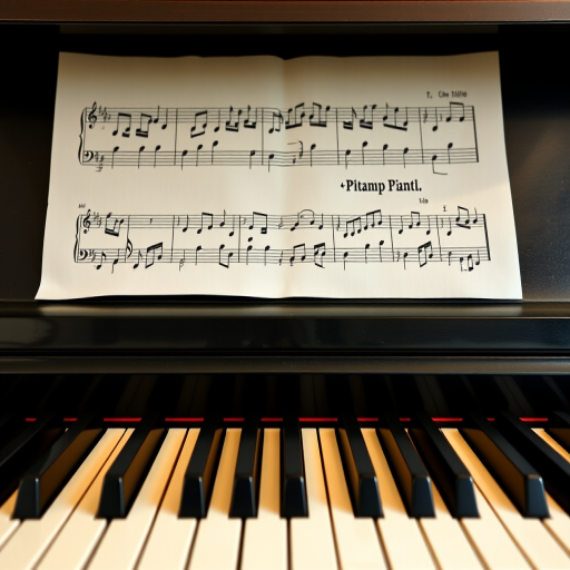 Create a high-resolution image of a grand piano keyboard with musical notes displayed on a staff above it, viewed from a slightly elevated angle, using a DSLR camera with a 50mm lens, aperture f/2.8, ISO 100, and a focus on the details of the keys and notes.