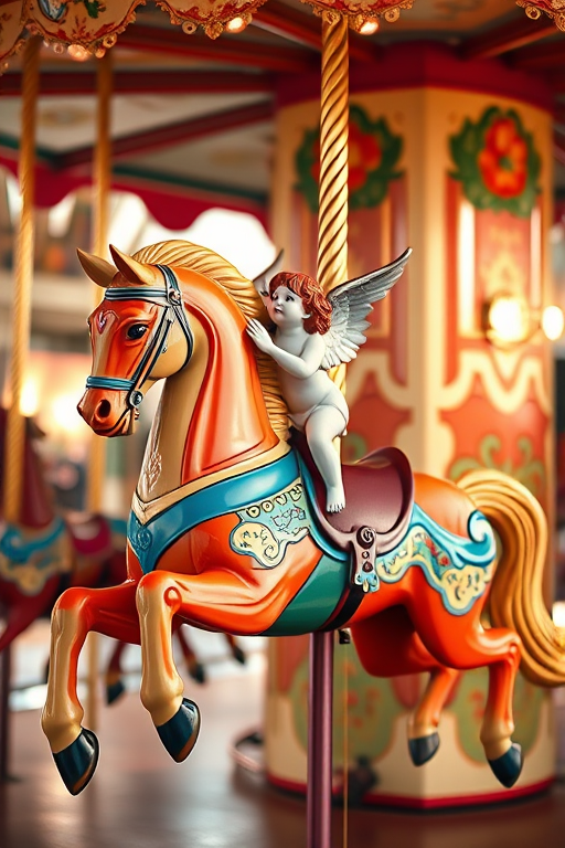 Create a high-resolution image of a colorful, vintage carousel horse with a winged cherub riding on it, shot with a Canon EOS R5 at f/2.8, ISO 100, and a shutter speed of 1/200s, in soft natural light to enhance details and vibrant colors.