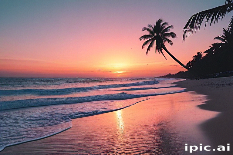 Tranquil Sunset Over Serene Beach with Gentle Waves and Palm Trees