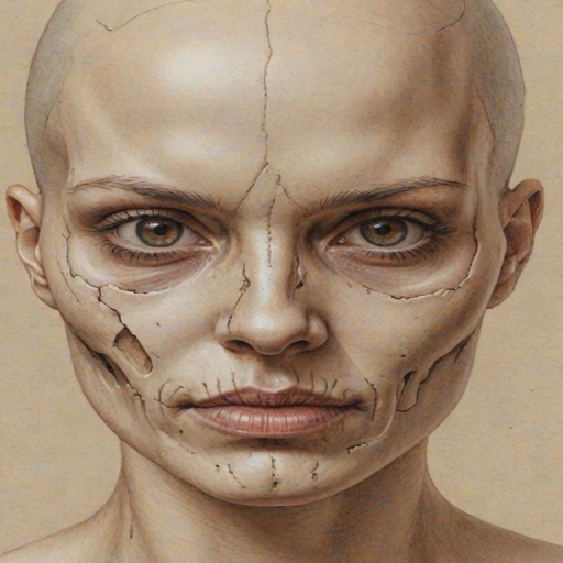 Detailed realistic drawing of the face of a woman facing the viewer but the left half of her face is skull while the right side of her face is normal. She has no hair on the left side of her face only a skull and also her eye-socket is hollow on the left side