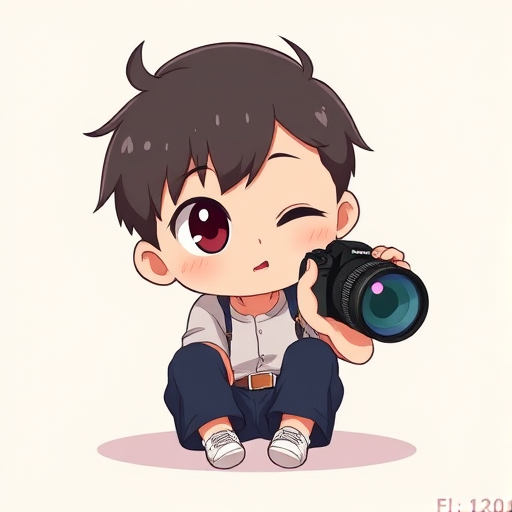 Generate a chibi character illustration of a boy with one winking eye, sitting on the ground, wearing a light shirt and dark pants, with a soft pastel background, using a DSLR camera with a 50mm lens, aperture set to f/2.8 for a shallow depth of field, and a soft focus style.