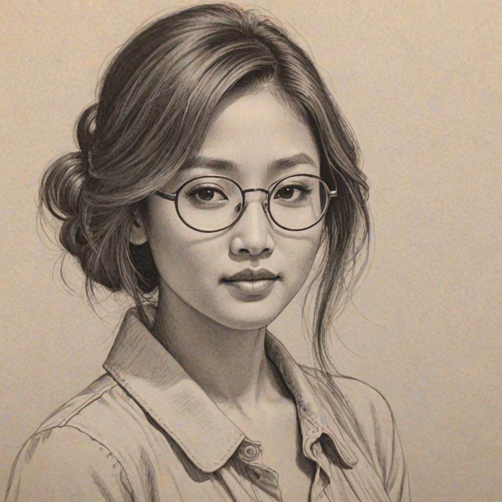 Superb Brenda Song, pencil sketch, portrait of Resplendent woman 1922s in glasses, hair style beatnik, outline, clear lines, fine lines, 8k