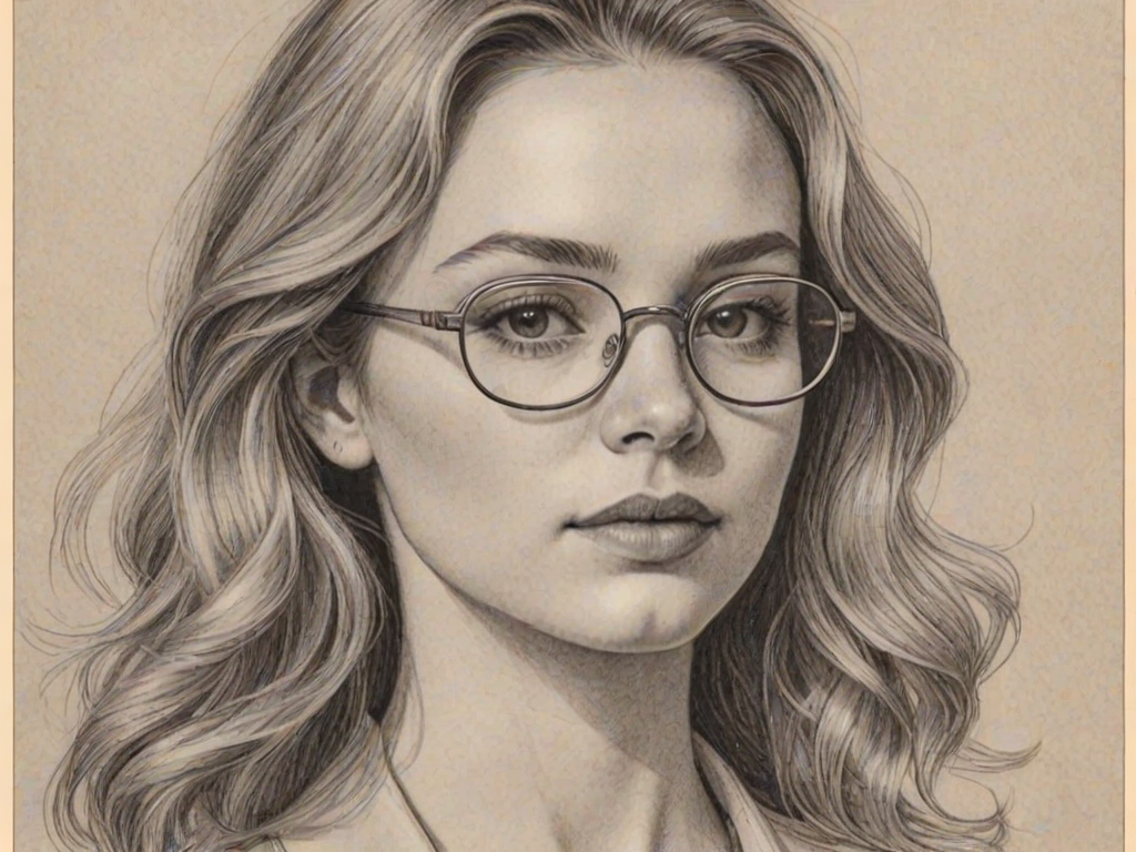 Alluring Morgan Saylor, pencil sketch, portrait of Gorgeous woman 1970s in glasses, hair style beatnik, outline, clear lines, fine lines, 8k