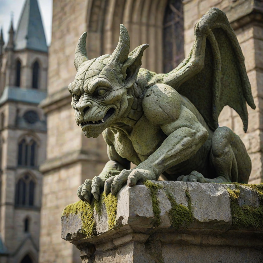 create an ultra-realistic and very detailed photograph of a very old stone gargoyle in a cathedral. the stone is a little worn, with some broken parts. cracks. moss. the background is a blurred image of the city. It includes shadows and contrasts to make the image more realistic