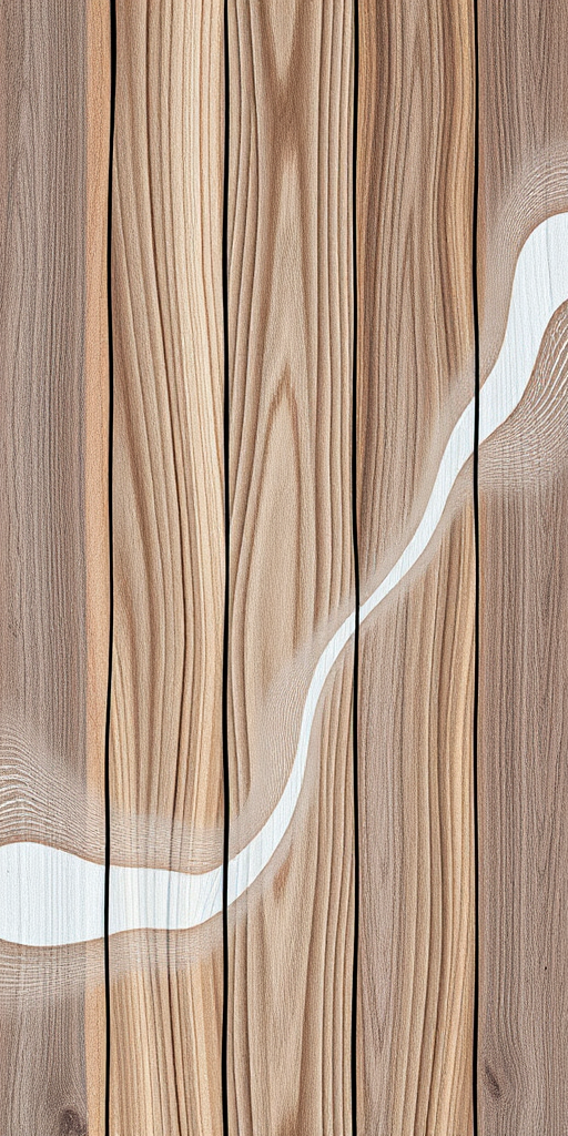 high-resolution render of abstract wooden texture with flowing white shapes, 50mm lens, f/8 aperture, 1/125 shutter speed, ISO 100, overhead view, soft lighting, digital camera