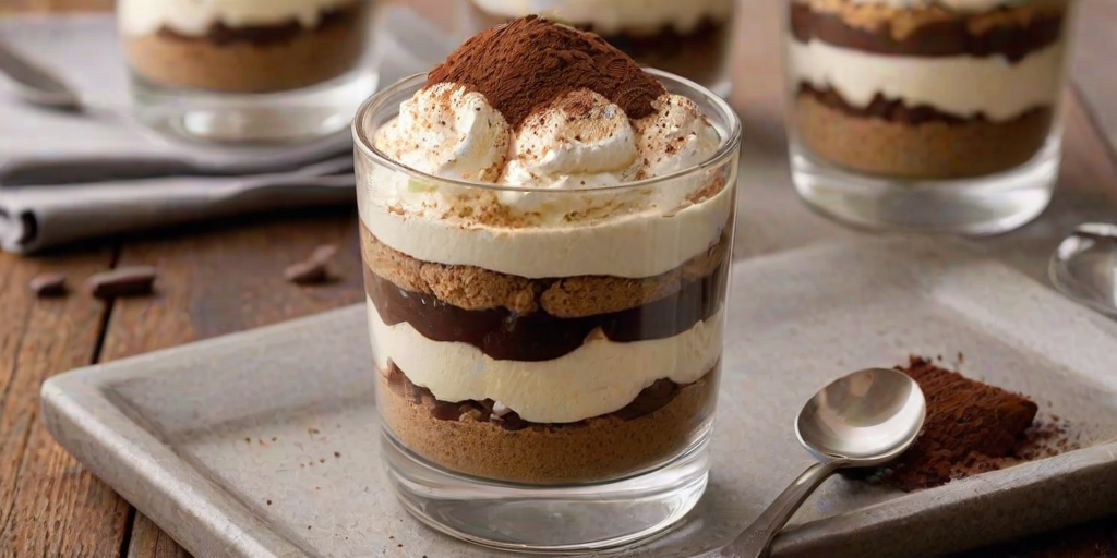 Generate an image of a delicious tiramisu dessert served in a clear glass. The layers of creamy mascarpone cheese and coffee-soaked ladyfingers are visible, with a dusting of cocoa powder on top. A spoon is lifting a portion of the dessert, showing its rich texture and appealing presentation. The background is simple and neutral to highlight the dessert.