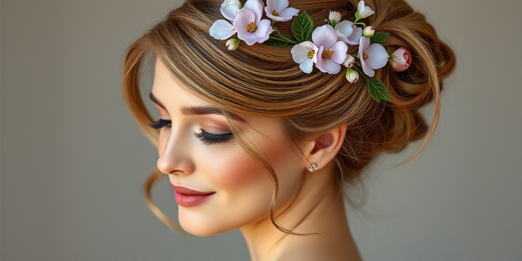 Graceful woman sporting a romantic updo with soft tendrils framing her face, adorned with delicate floral accessories and a subtle lavender tint
