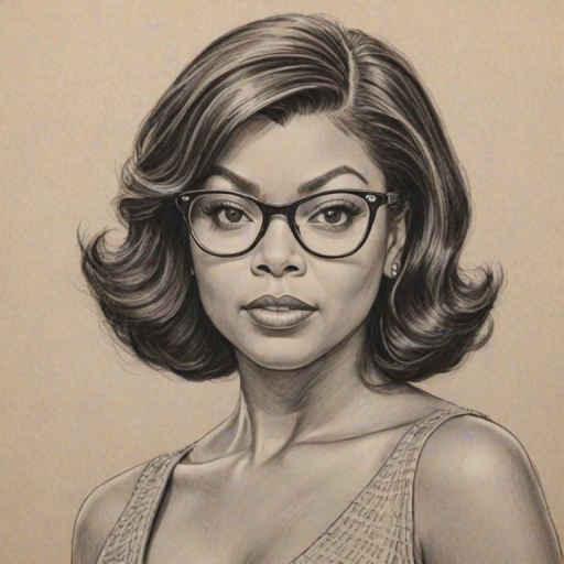 Ravishing Taraji P. Henson, pencil sketch, portrait of Charming woman 1956s in glasses, hair style beatnik, outline, clear lines, fine lines, 8k