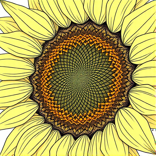 Create a detailed illustration of a sunflower with intricate line work and texture, shot with a Canon EOS R5 at f/8, ISO 100, 50mm lens, maintaining a close-up view for enhanced detail and clarity.