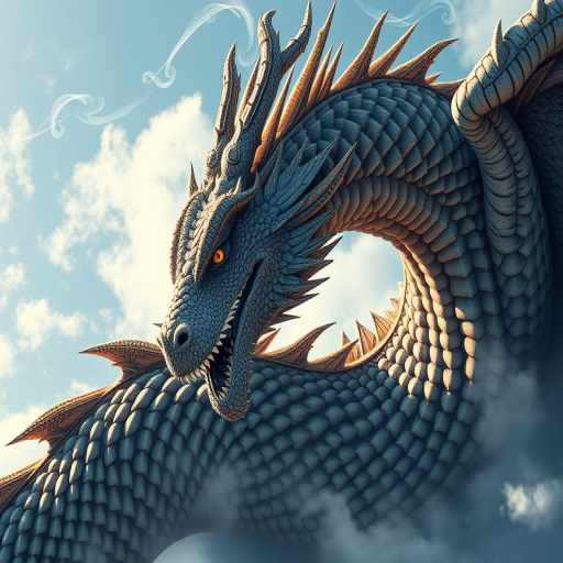 Create a highly detailed illustration of a mythical dragon with intricate scales and wispy clouds, using a DSLR camera with a 85mm lens, f/1.8 aperture, ISO 100, capturing the image in natural light from an overhead angle to enhance its majestic features.