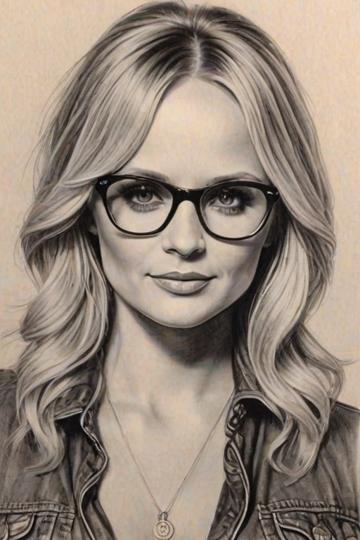 Fetching Miranda Lambert, pencil sketch, portrait of Magnificent woman 1975s in glasses, hair style beatnik, outline, clear lines, fine lines, 8k