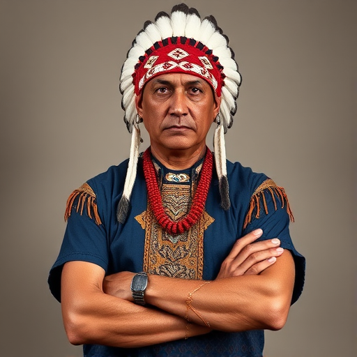 Create a dignified portrait of a Native American man dressed in traditional attire. He wears a beautifully crafted headdress adorned with white feathers and red beads, along with a beaded headband featuring intricate patterns. His clothing includes a deep blue, patterned shirt and a traditional chest piece with detailed beadwork. His arms are crossed, displaying leather armbands decorated with feathers. The background is simple and neutral, emphasizing his proud and stoic expression. The overall image captures the rich cultural heritage and strength of his persona.