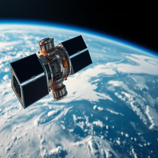 high-resolution image of a satellite orbiting Earth, showcasing detailed textures of the satellite and the planet in the background, captured with a DSLR camera, 24mm lens, f/8 aperture, ISO 100, shot in landscape mode, HDR style to enhance color and detail.
