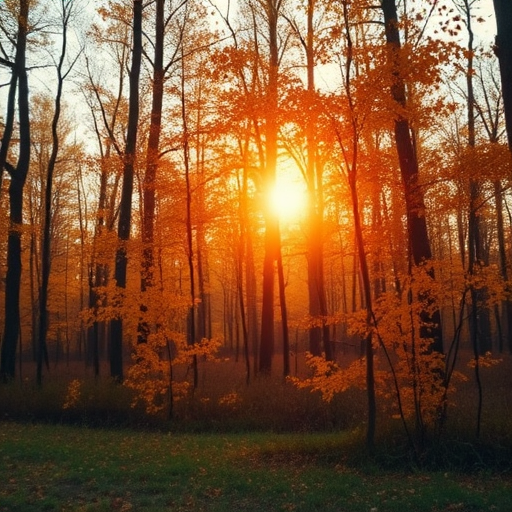 autumn forest landscape at sunrise with golden leaves and sunlight filtering through trees, soft focus, vibrant colors, 24mm lens, f/4 aperture, ISO 100, shutter speed 1/200 sec, DSLR camera, natural light shooting, high dynamic range imaging