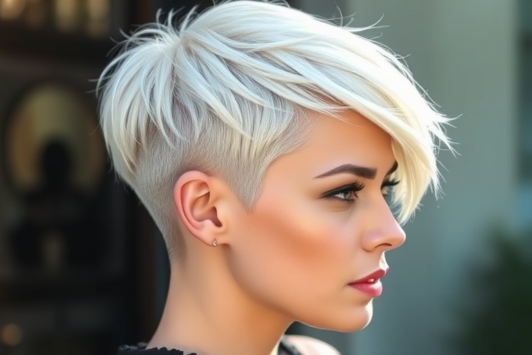 Striking platinum blonde pixie cut with edgy asymmetrical layers, featuring a bold undercut design and delicate silver streaks that catch the light, exuding confidence and modern sophistication.